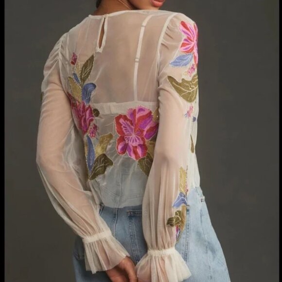 Anthropologie NWT The Layla Long Sleeve appliqué Mesh Blouse in White xxs - Picture 2 of 9